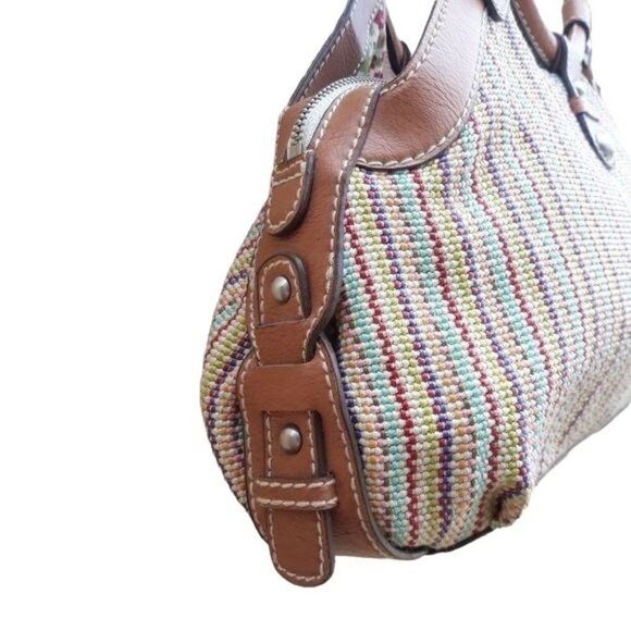 Fossil Bucket Bag Tote Boho Retro Rainbow Striped Tapestry Round Top Handle Sz L - Picture 6 of 14